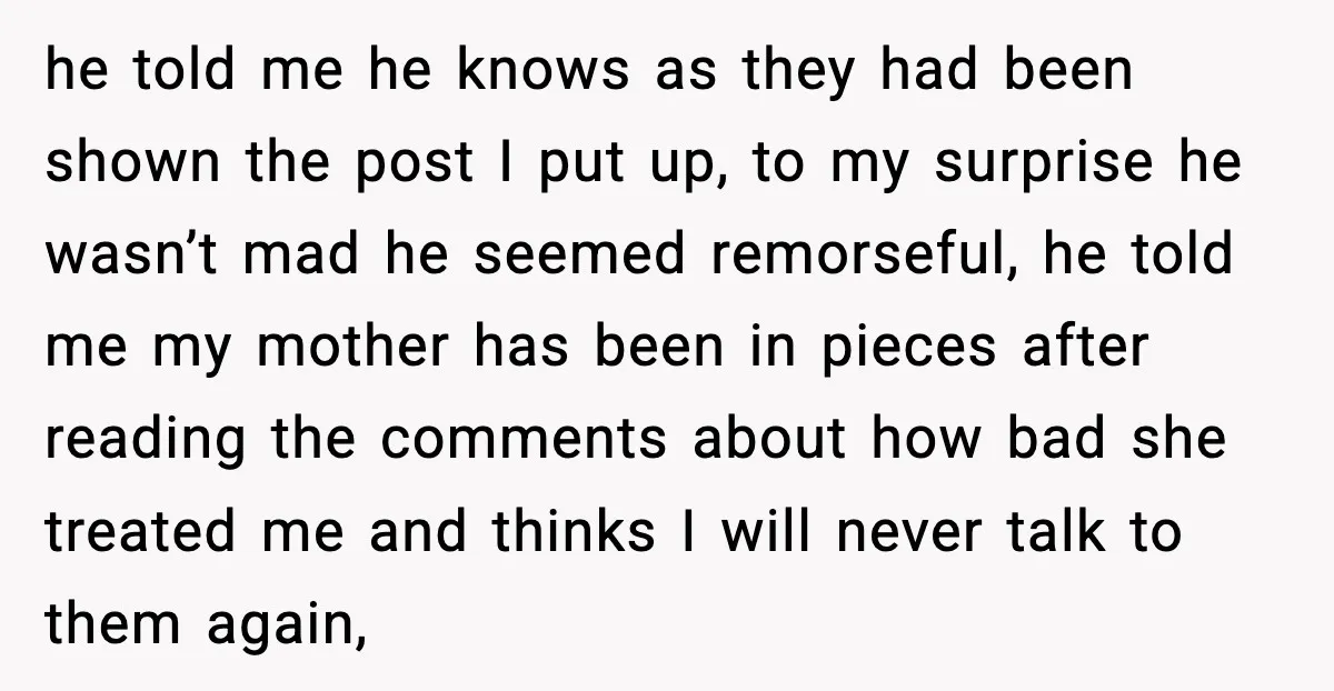he told me he knows as they had been shown the post I put up, to my surprise he wasn’t mad he seemed remorseful, he told me my mother has...