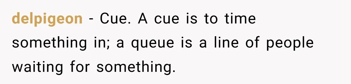 delpigeon − Cue. A cue is to time something in; a queue is a line of people waiting for something.