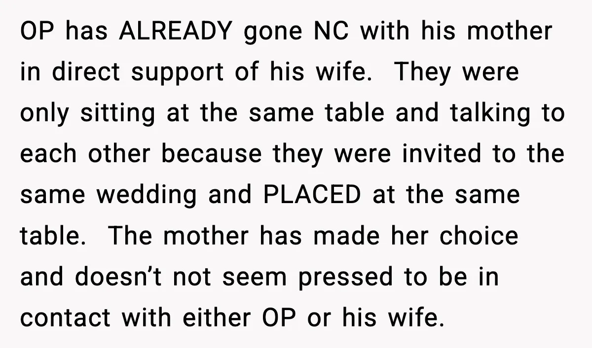 OP has ALREADY gone NC with his mother in direct support of his wife. They were only sitting at the same table and talking to each other because they were...