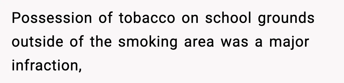 Possession of tobacco on school grounds outside of the smoking area was a major infraction,