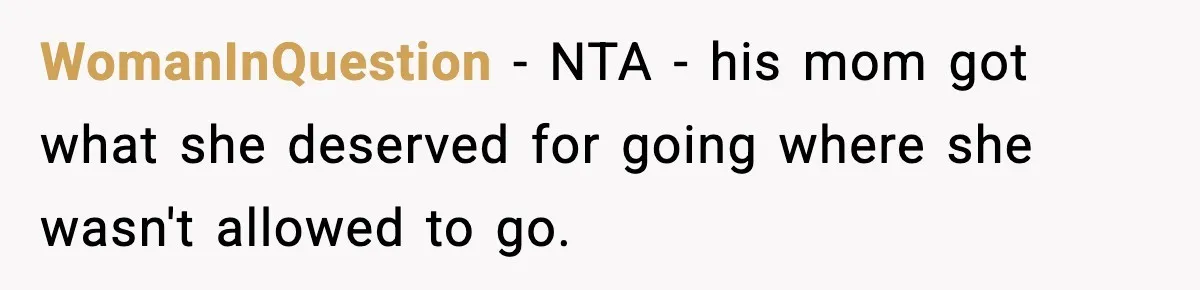 WomanInQuestion − NTA - his mom got what she deserved for going where she wasn't allowed to go.