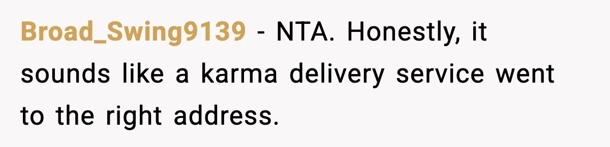 Broad_Swing9139 − NTA. Honestly, it sounds like a karma delivery service went to the right address.