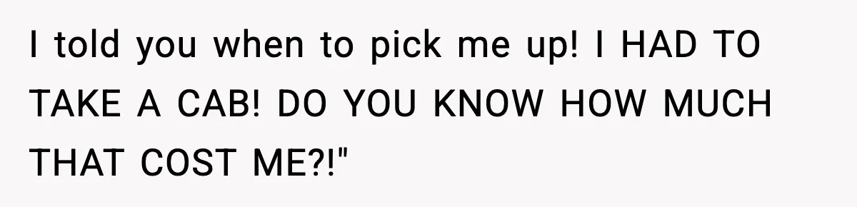I told you when to pick me up! I HAD TO TAKE A CAB! DO YOU KNOW HOW MUCH THAT COST ME?!"