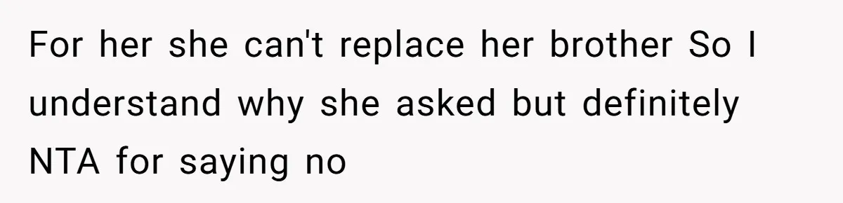 For her she can't replace her brother So I understand why she asked but definitely NTA for saying no