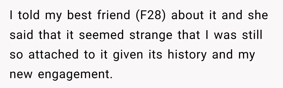 I told my best friend (F28) about it and she said that it seemed strange that I was still so attached to it given its history and my new engagement.