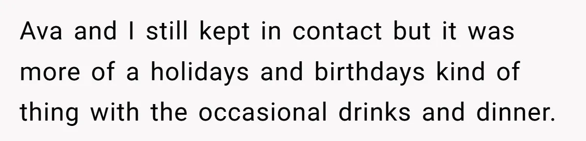 Ava and I still kept in contact but it was more of a holidays and birthdays kind of thing with the occasional drinks and dinner.