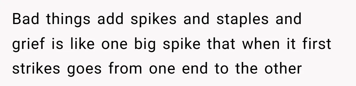 Bad things add spikes and staples and grief is like one big spike that when it first strikes goes from one end to the other