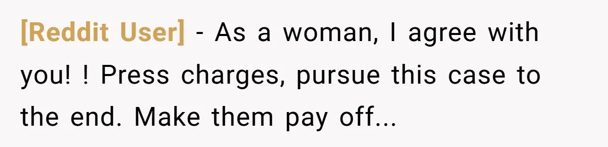 [Reddit User] − As a woman, I agree with you! ! Press charges, pursue this case to the end. Make them pay off...