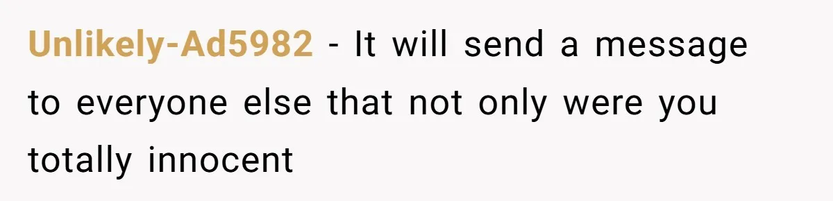 Unlikely-Ad5982 − It will send a message to everyone else that not only were you totally innocent
