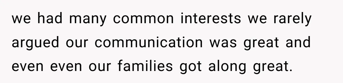 we had many common interests we rarely argued our communication was great and even even our families got along great.