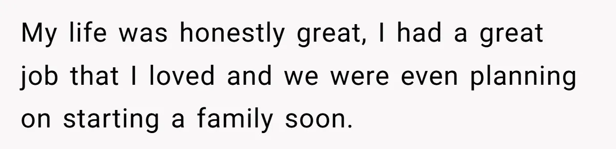 My life was honestly great, I had a great job that I loved and we were even planning on starting a family soon.