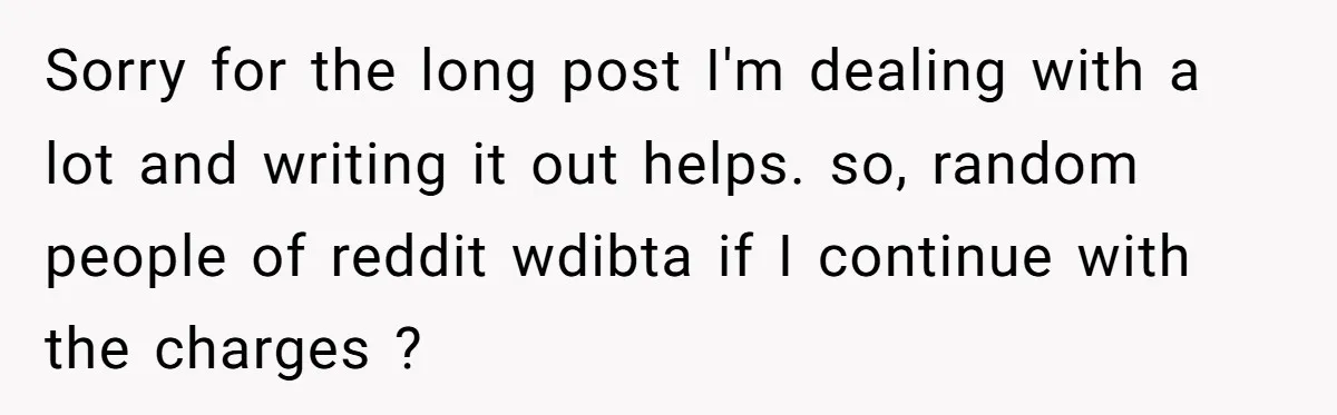 Sorry for the long post I'm dealing with a lot and writing it out helps. so, random people of reddit wdibta if I continue with the charges ?