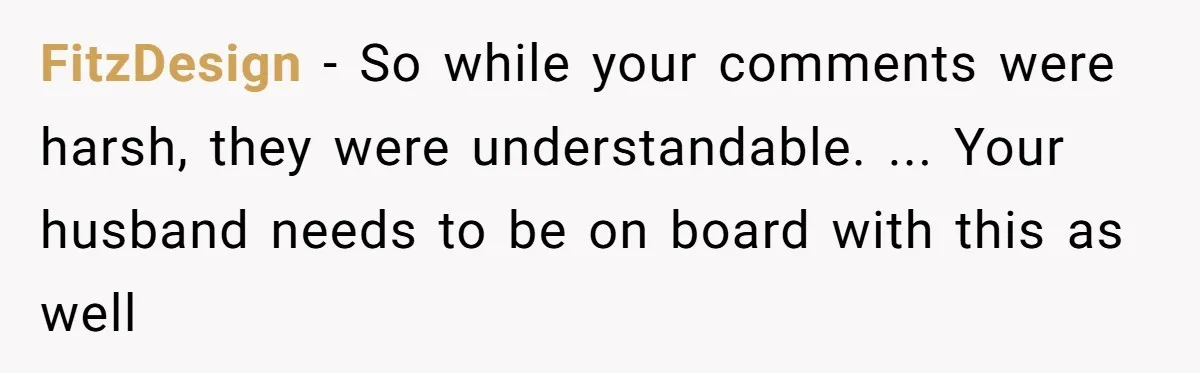 FitzDesign − So while your comments were harsh, they were understandable. ... Your husband needs to be on board with this as well