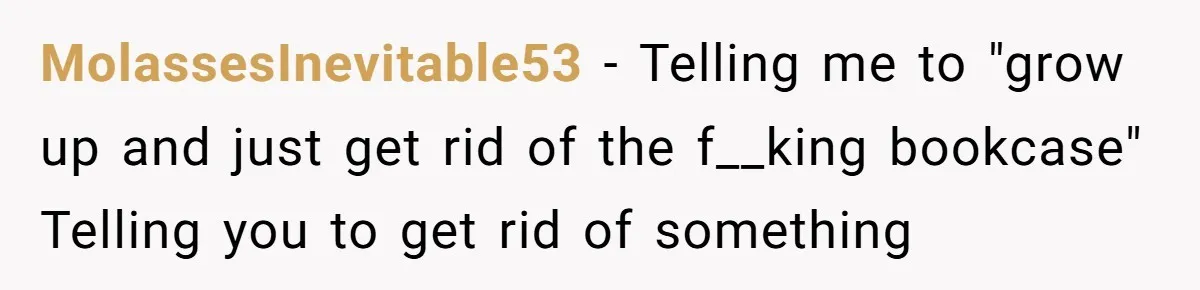 MolassesInevitable53 − Telling me to "grow up and just get rid of the f__king bookcase" Telling you to get rid of something