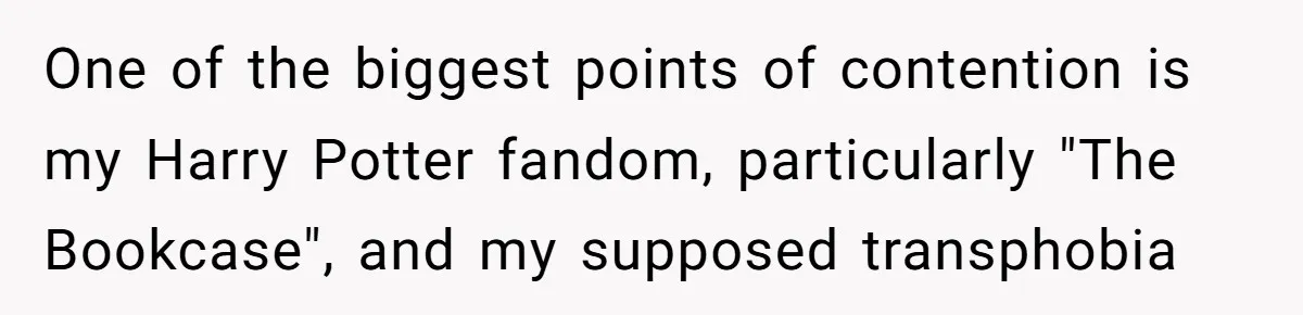 One of the biggest points of contention is my Harry Potter fandom, particularly "The Bookcase", and my supposed transphobia