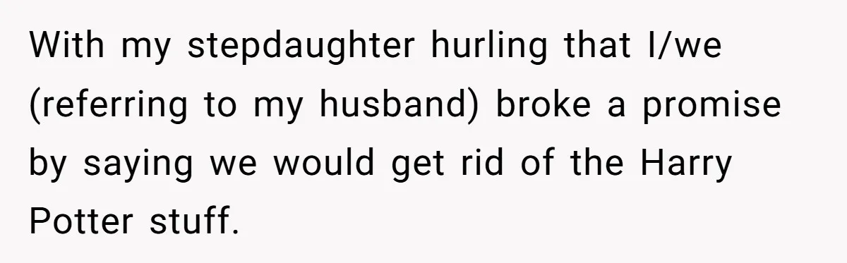 With my stepdaughter hurling that I/we (referring to my husband) broke a promise by saying we would get rid of the Harry Potter stuff.