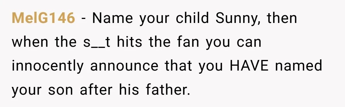 MelG146 − Name your child Sunny, then when the s__t hits the fan you can innocently announce that you HAVE named your son after his father.