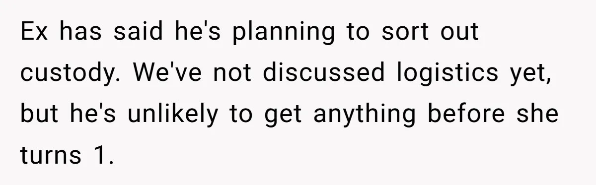 Ex has said he's planning to sort out custody. We've not discussed logistics yet, but he's unlikely to get anything before she turns 1.