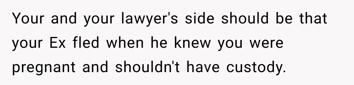 Your and your lawyer's side should be that your Ex fled when he knew you were pregnant and shouldn't have custody.