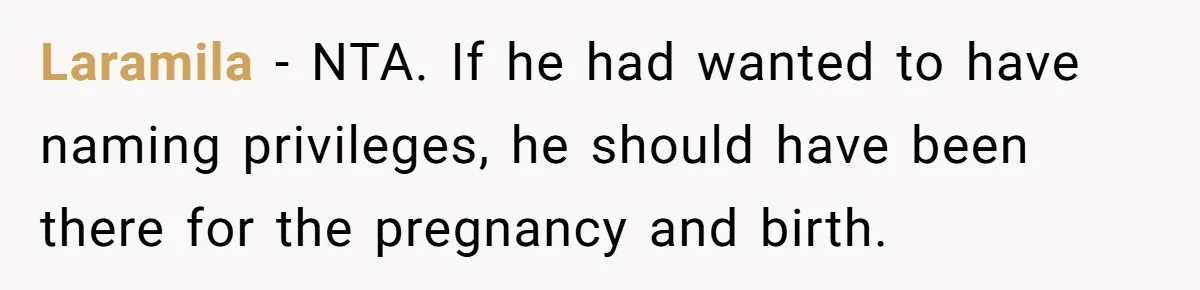 Laramila − NTA. If he had wanted to have naming privileges, he should have been there for the pregnancy and birth.