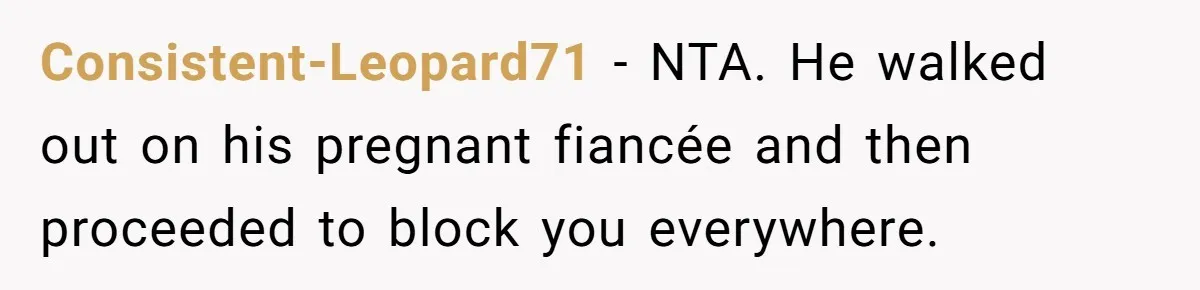 Consistent-Leopard71 − NTA. He walked out on his pregnant fiancée and then proceeded to block you everywhere.