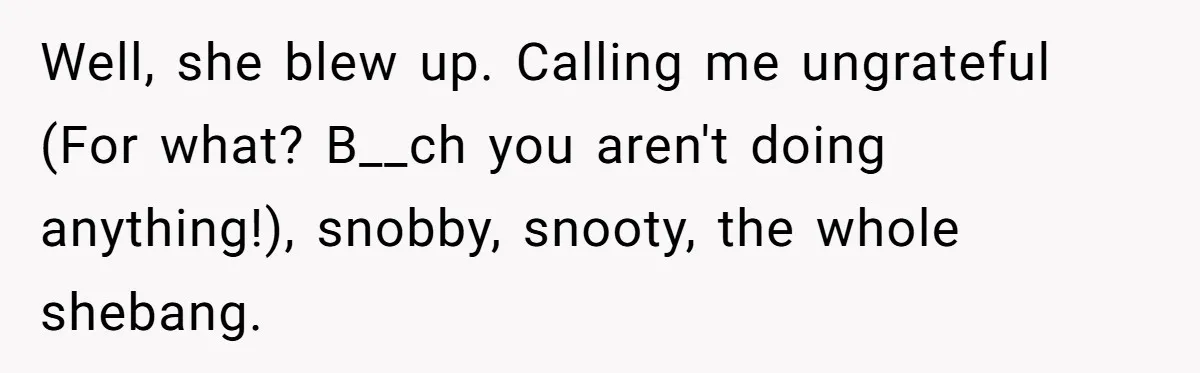 Well, she blew up. Calling me ungrateful (For what? B__ch you aren't doing anything!), snobby, snooty, the whole shebang.