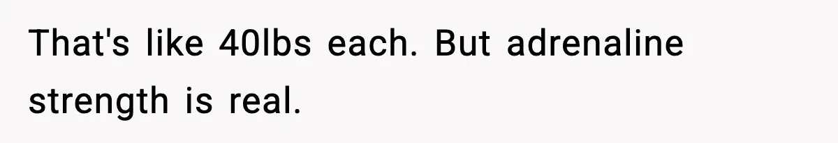 That's like 40lbs each. But adrenaline strength is real.