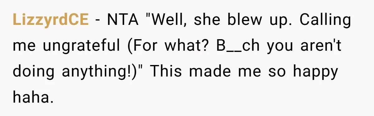 LizzyrdCE − NTA "Well, she blew up. Calling me ungrateful (For what? B__ch you aren't doing anything!)" This made me so happy haha.