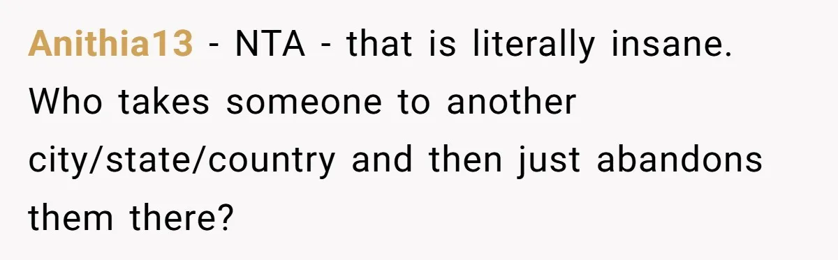 Anithia13 − NTA - that is literally insane. Who takes someone to another city/state/country and then just abandons them there?