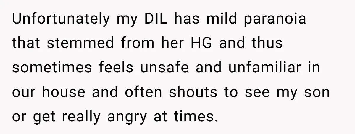 Unfortunately my DIL has mild paranoia that stemmed from her HG and thus sometimes feels unsafe and unfamiliar in our house and often shouts to see my son or get...
