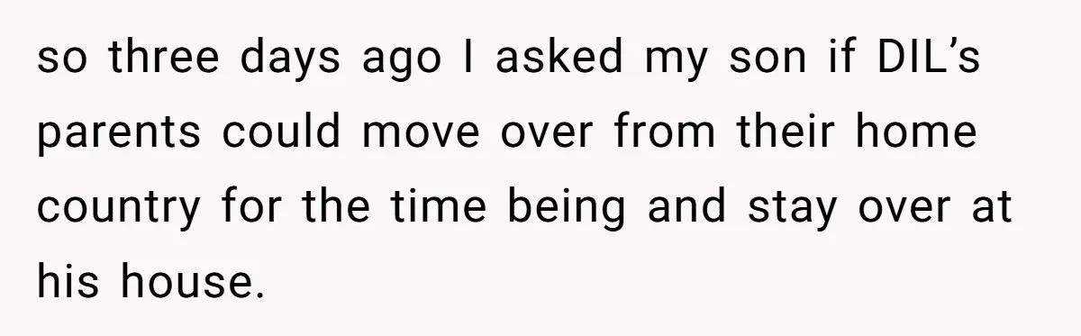 so three days ago I asked my son if DIL’s parents could move over from their home country for the time being and stay over at his house.