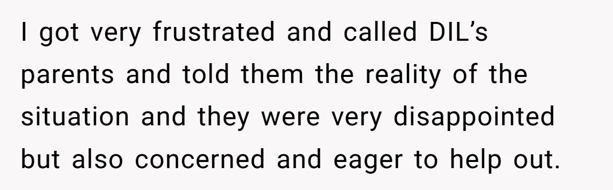 I got very frustrated and called DIL’s parents and told them the reality of the situation and they were very disappointed but also concerned and eager to help out.