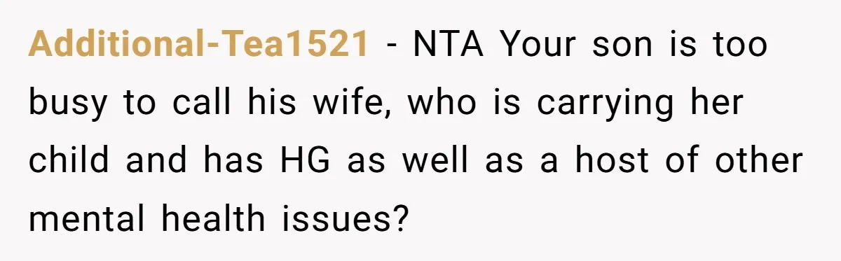Additional-Tea1521 − NTA Your son is too busy to call his wife, who is carrying her child and has HG as well as a host of other mental health issues?