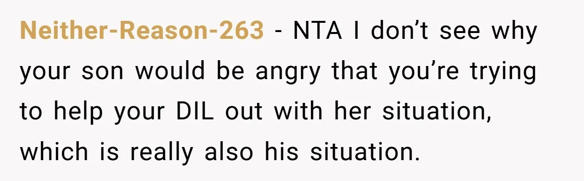 Neither-Reason-263 − NTA I don’t see why your son would be angry that you’re trying to help your DIL out with her situation, which is really also his situation.