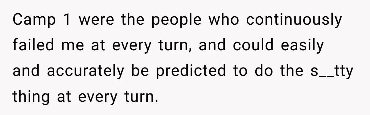Camp 1 were the people who continuously failed me at every turn, and could easily and accurately be predicted to do the s__tty thing at every turn.