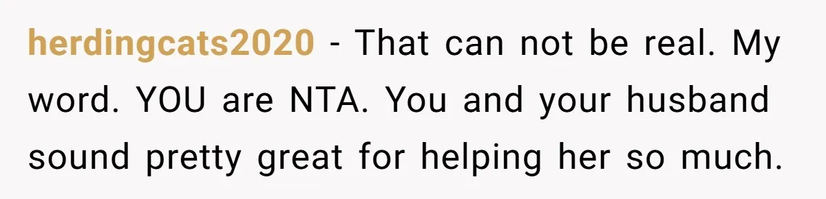 herdingcats2020 − That can not be real. My word. YOU are NTA. You and your husband sound pretty great for helping her so much.