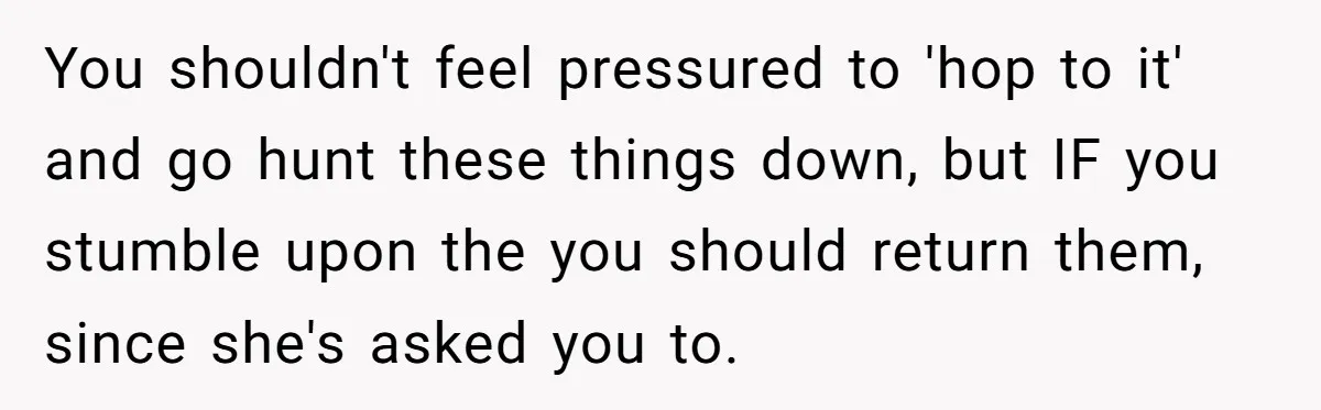 You shouldn't feel pressured to 'hop to it' and go hunt these things down, but IF you stumble upon the you should return them, since she's asked you to.