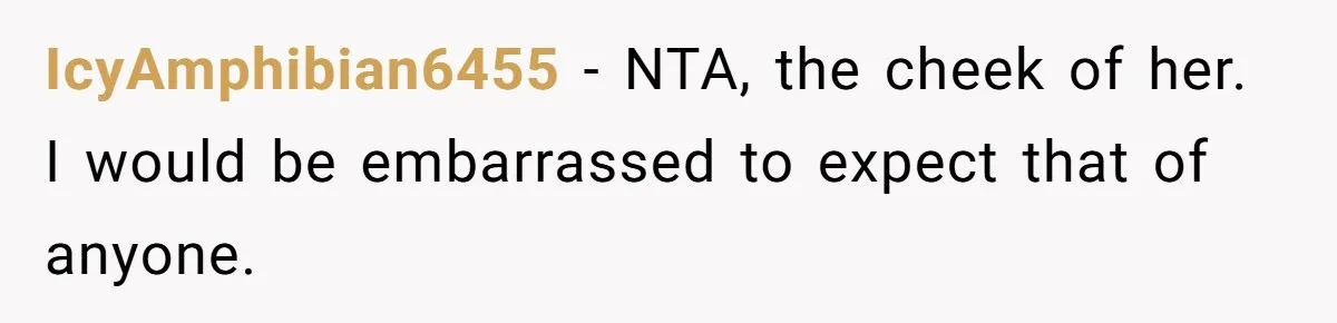 IcyAmphibian6455 − NTA, the cheek of her. I would be embarrassed to expect that of anyone.