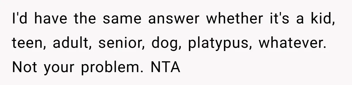 I'd have the same answer whether it's a kid, teen, adult, senior, dog, platypus, whatever. Not your problem. NTA