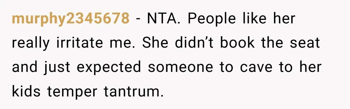 murphy2345678 − NTA. People like her really irritate me. She didn’t book the seat and just expected someone to cave to her kids temper tantrum.