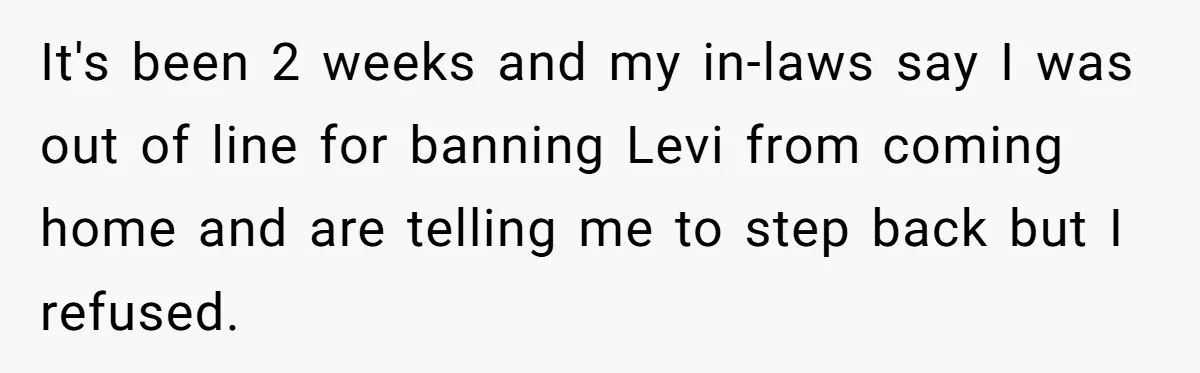It's been 2 weeks and my in-laws say I was out of line for banning Levi from coming home and are telling me to step back but I refused.