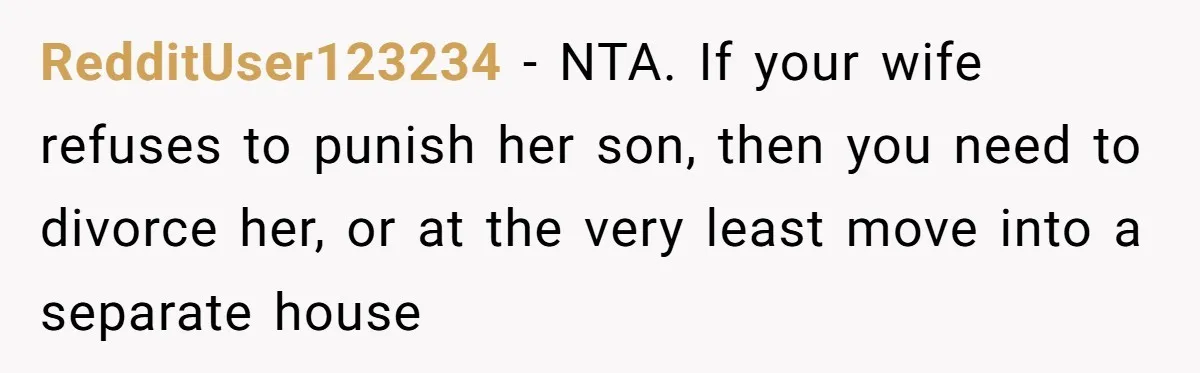 RedditUser123234 − NTA. If your wife refuses to punish her son, then you need to divorce her, or at the very least move into a separate house