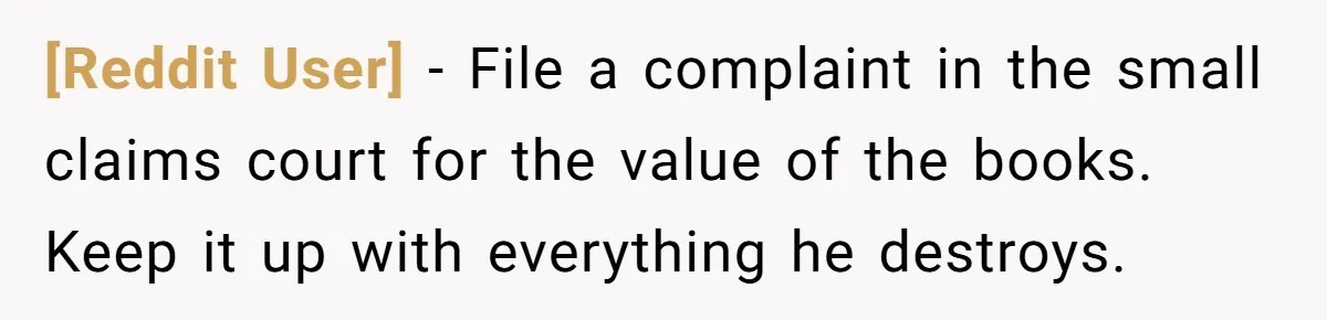 [Reddit User] − File a complaint in the small claims court for the value of the books. Keep it up with everything he destroys.