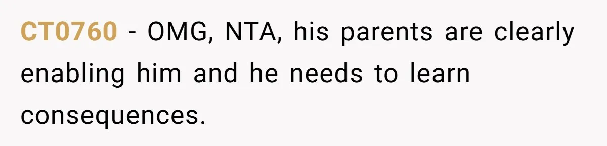 CT0760 − OMG, NTA, his parents are clearly enabling him and he needs to learn consequences.