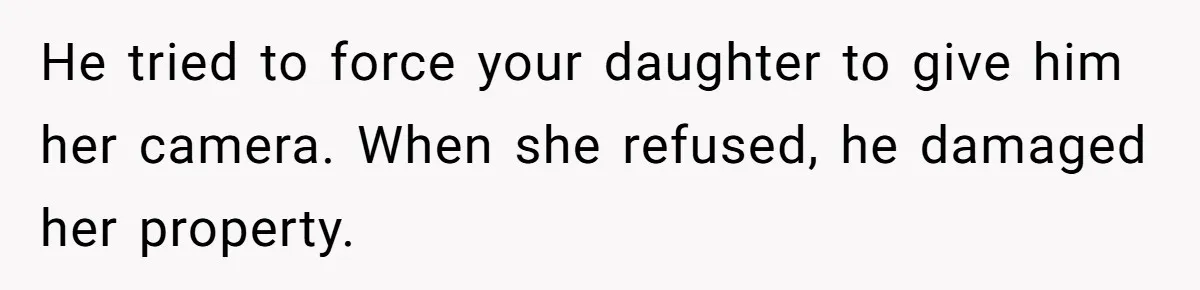 He tried to force your daughter to give him her camera. When she refused, he damaged her property.