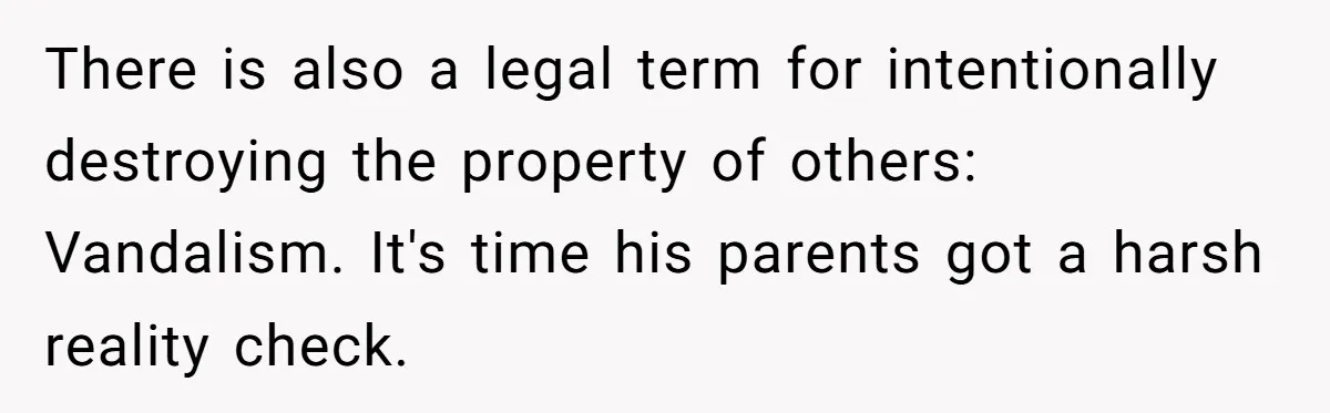 There is also a legal term for intentionally destroying the property of others: Vandalism. It's time his parents got a harsh reality check.