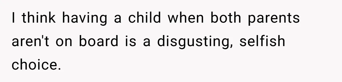 I think having a child when both parents aren't on board is a disgusting, selfish choice.