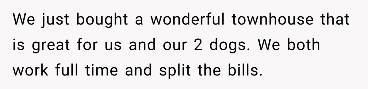 We just bought a wonderful townhouse that is great for us and our 2 dogs. We both work full time and split the bills.