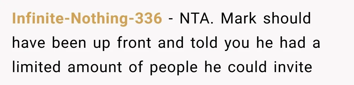 Infinite-Nothing-336 − NTA. Mark should have been up front and told you he had a limited amount of people he could invite
