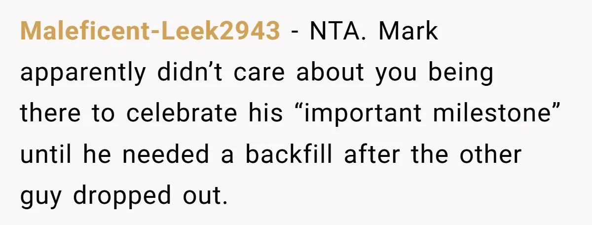 Maleficent-Leek2943 − NTA. Mark apparently didn’t care about you being there to celebrate his “important milestone” until he needed a backfill after the other guy dropped out.